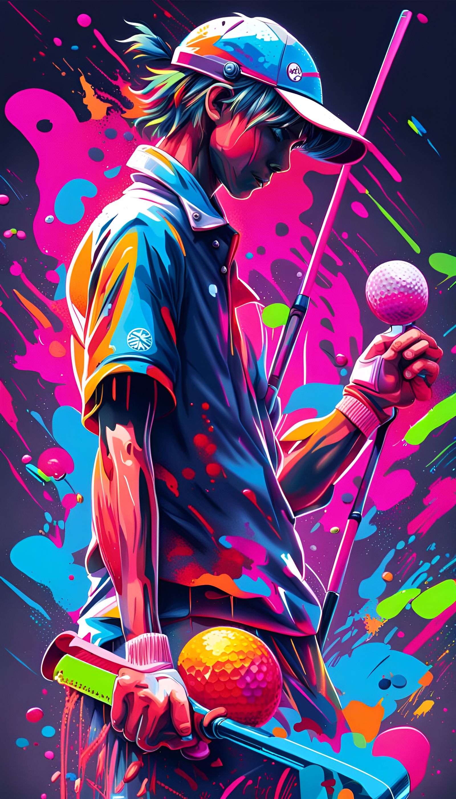 Futuristic Neon Golfer in Japanese Graffiti Art Style