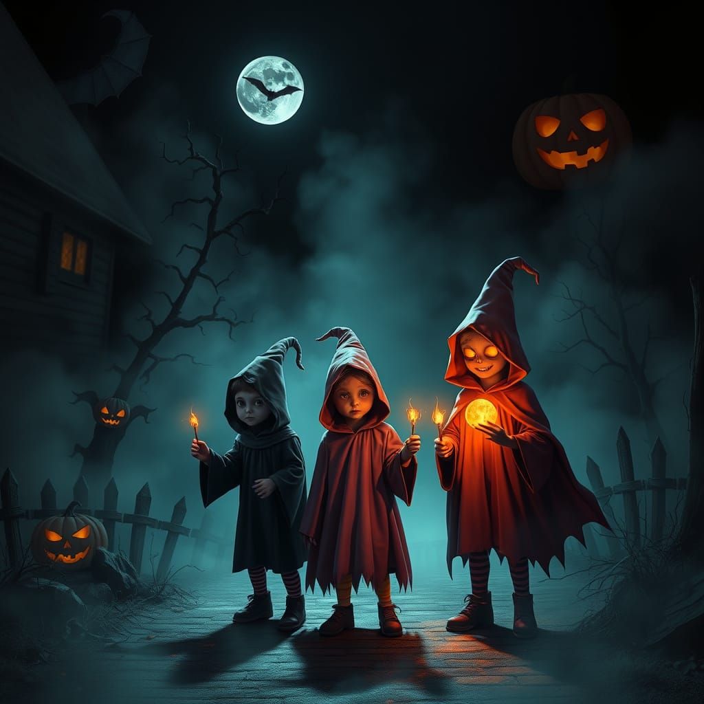Spooky Halloween Night with Haunted Houses and Costumed Kids