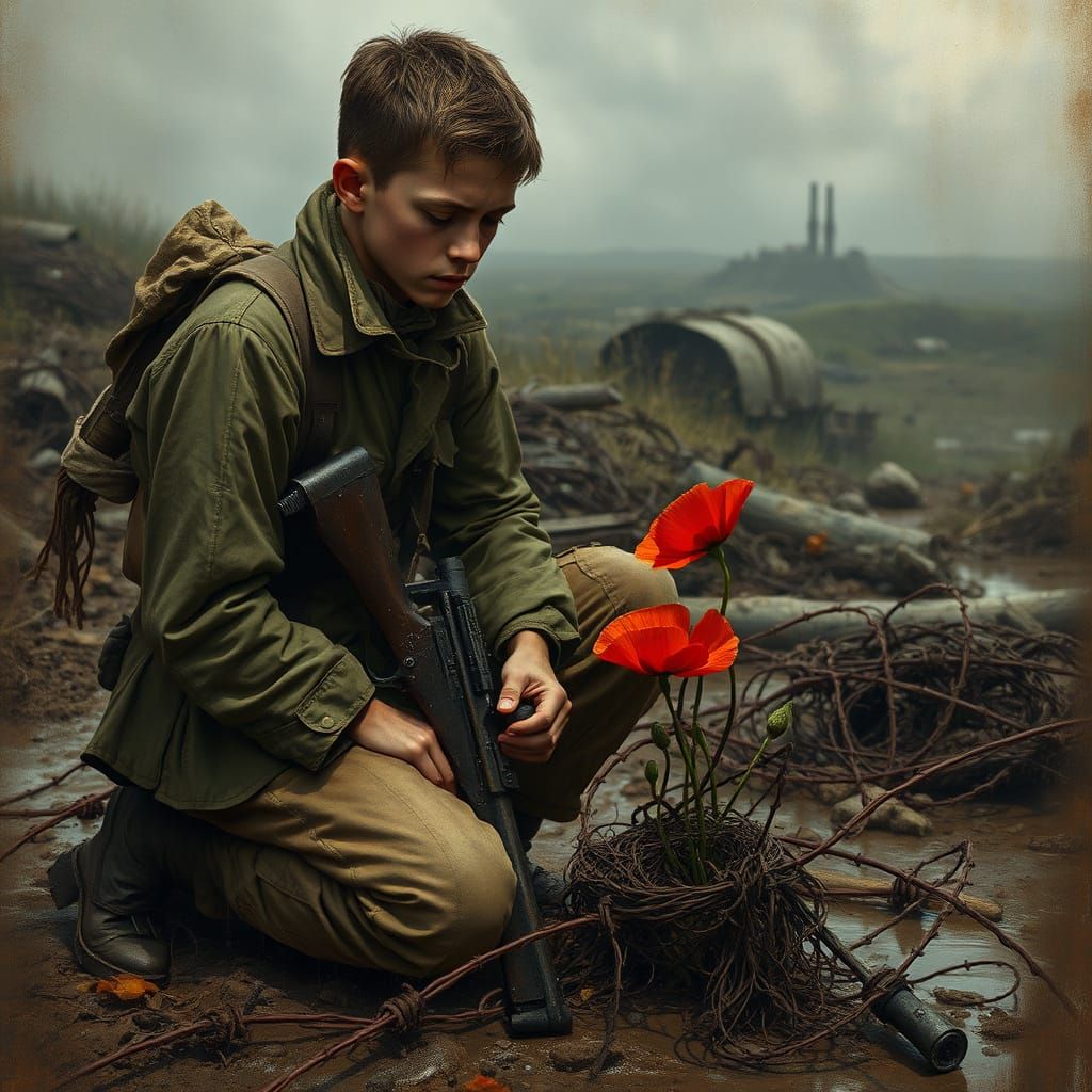 War-Torn Soldier Cradles Hopeful Poppy Amidst Ruin