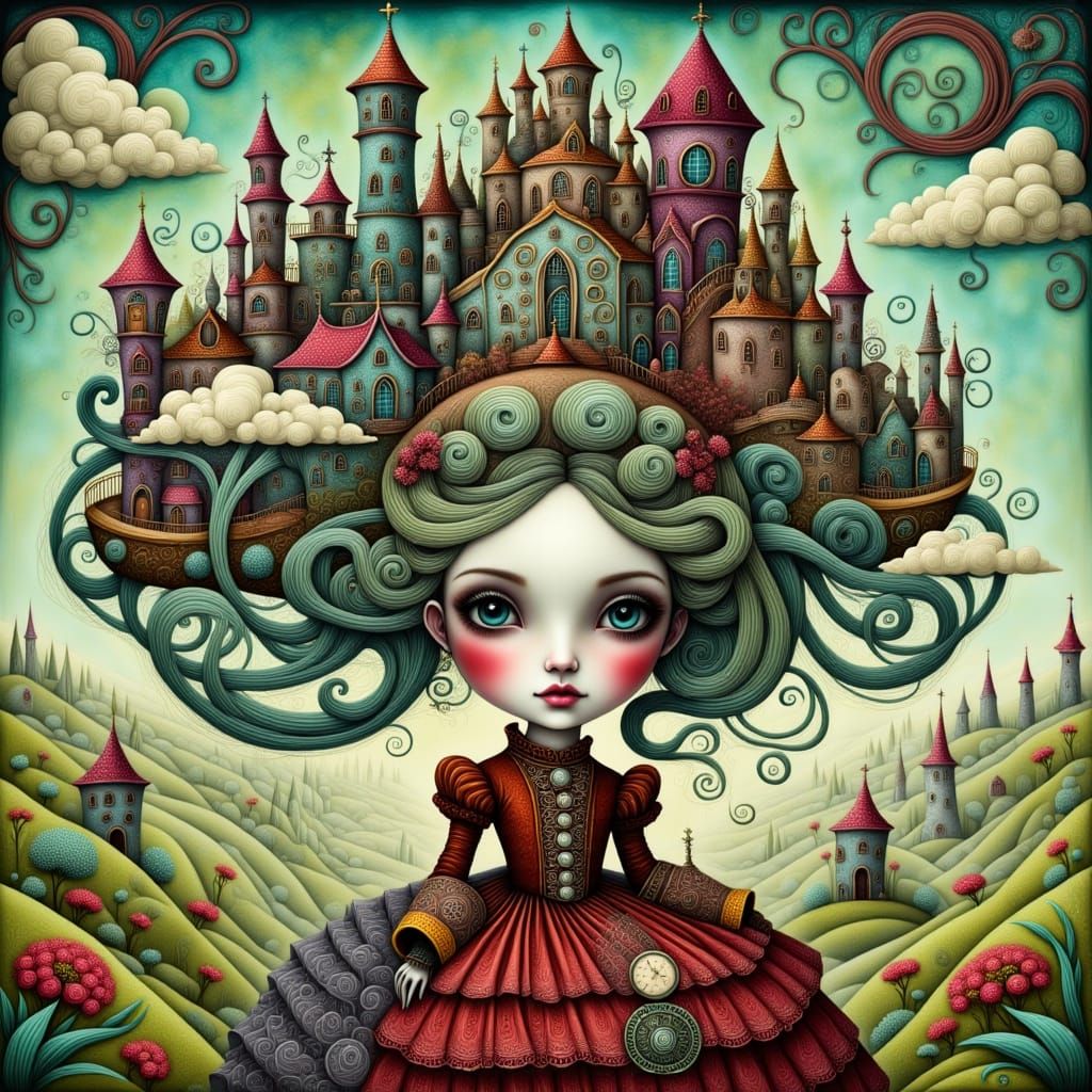 Steampunk Woman with Rube Goldberg Airship