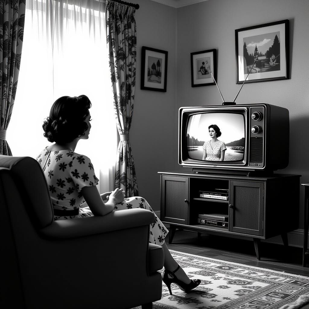 Nostalgic Woman in Film Noir Living Room