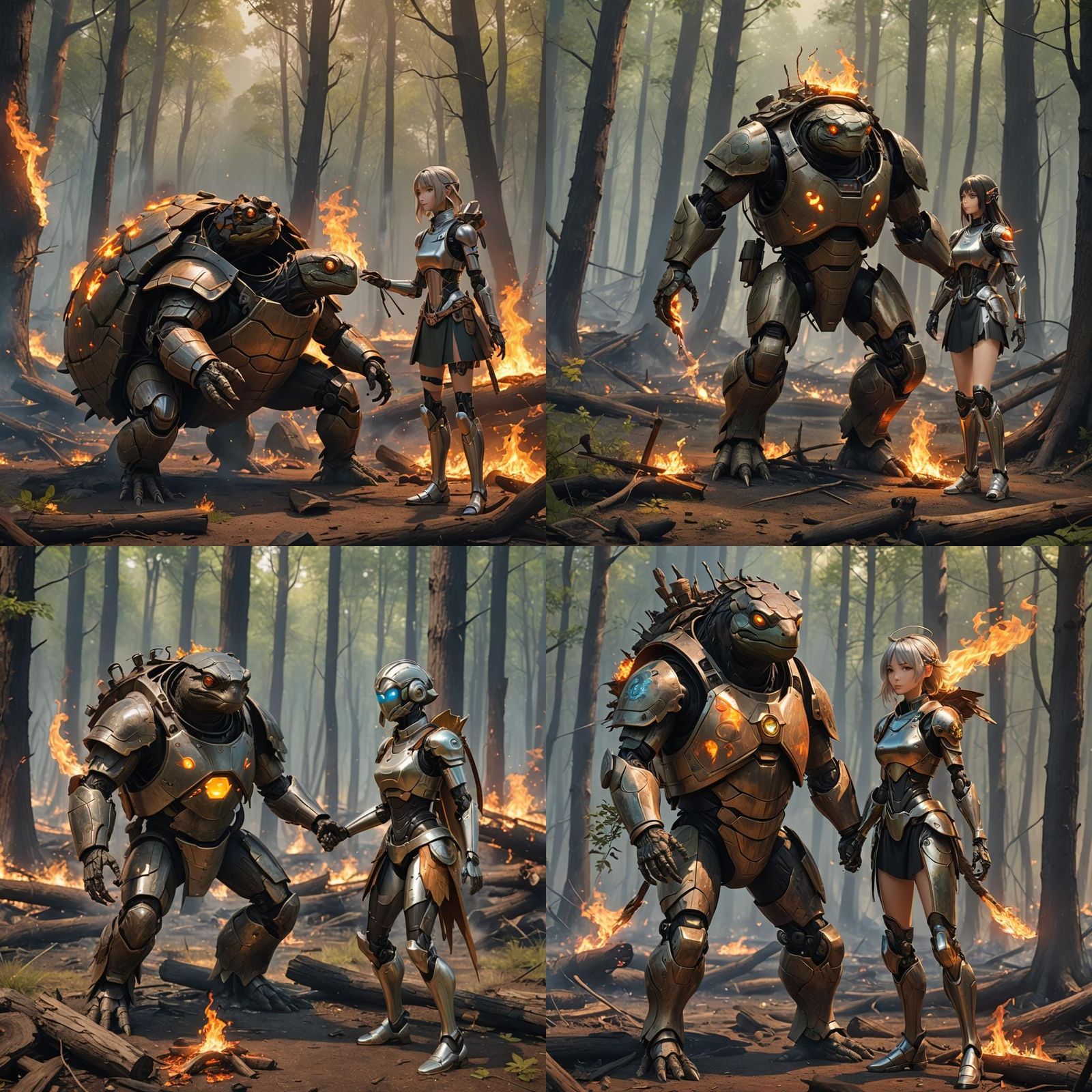 Turtle Druid and Robot Girl in Wildfire Woods