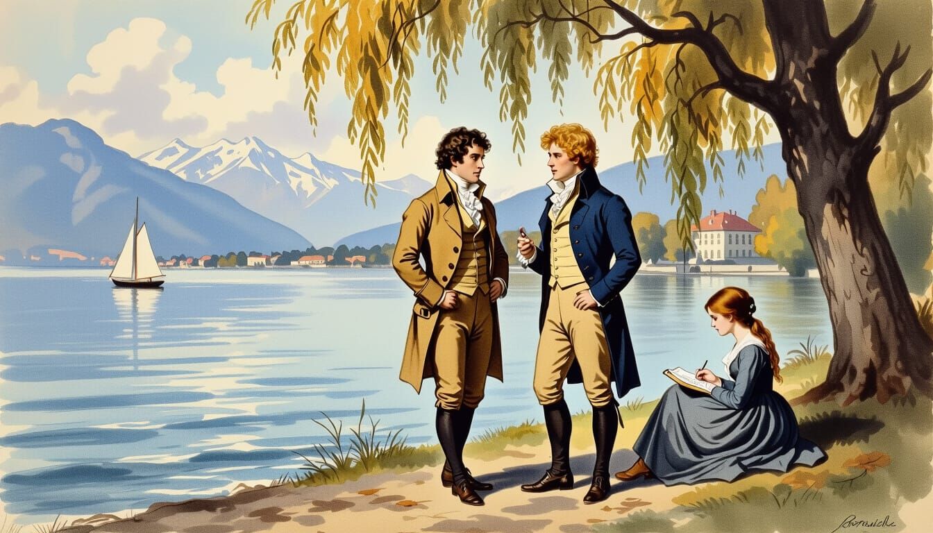 Byron and Shelleys at Lake Geneva: Colored Charcoal Drawing