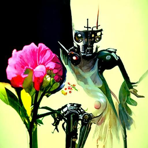 Robot in Bloom: A Dark Fantasy Illustration