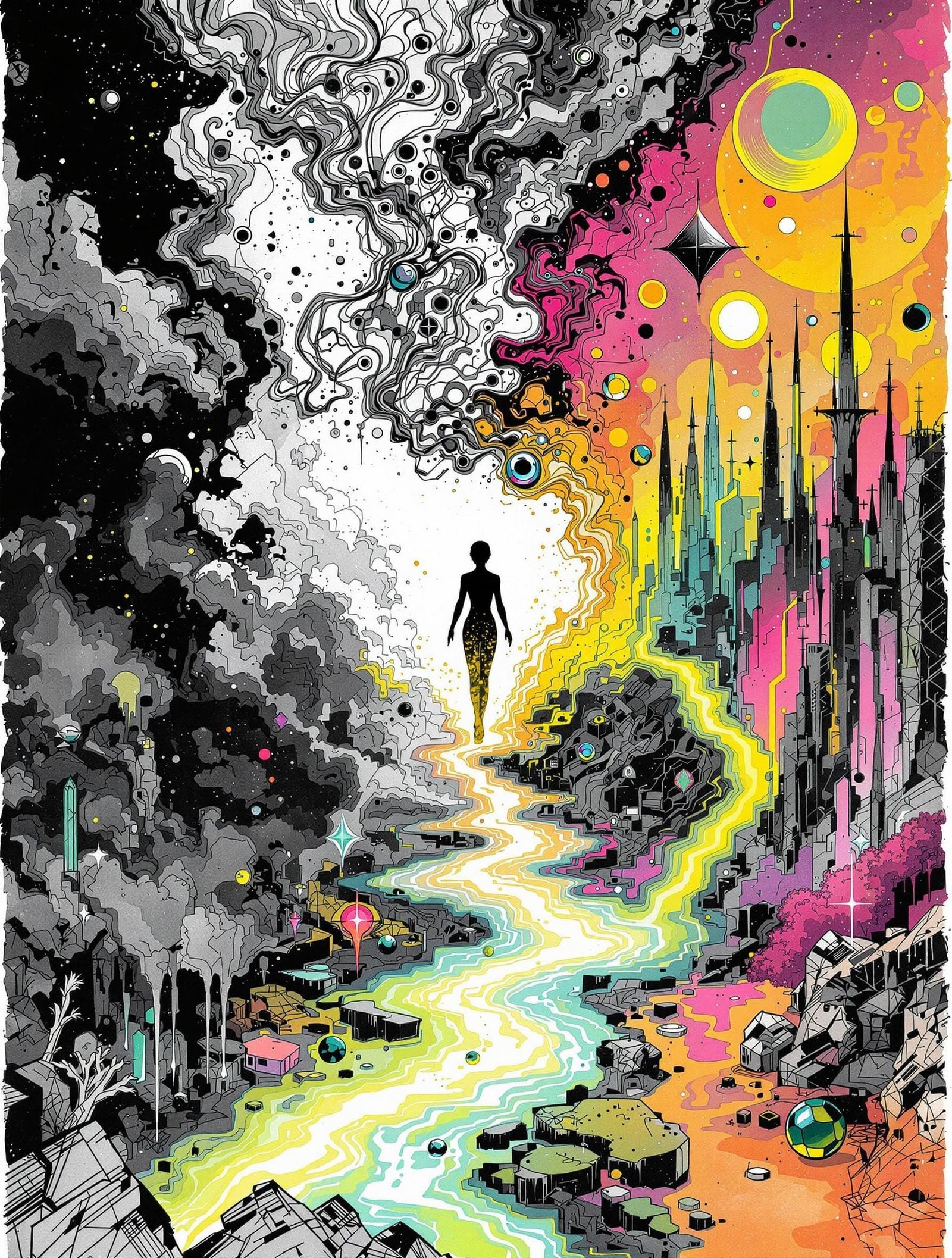 Surrealist Figure Transforms into Colorful Landscape