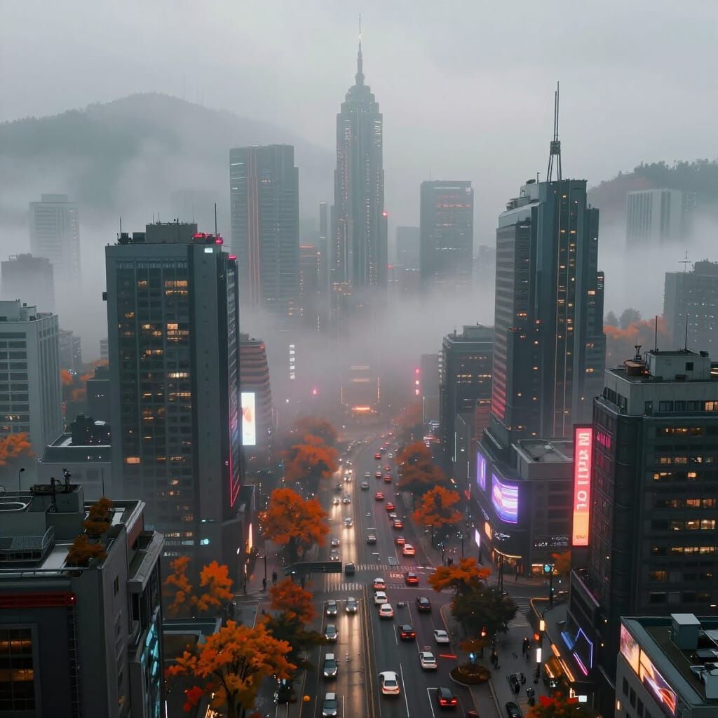 Modern City in Fog with Autumn Hills