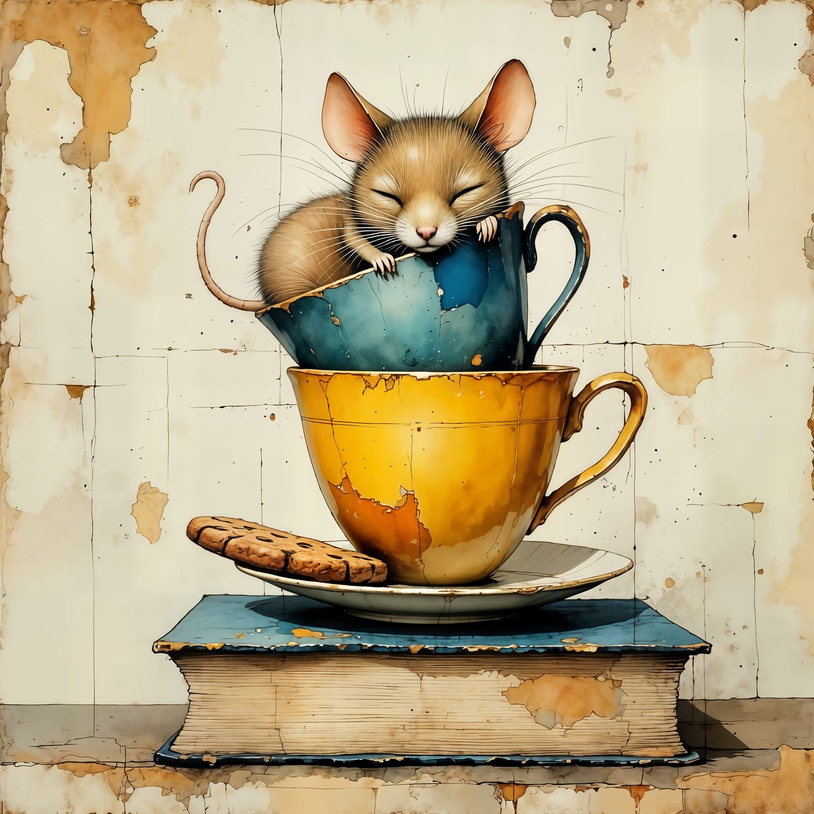 Whimsical Mouse Sleeps in Teacup Stack on Blue Book
