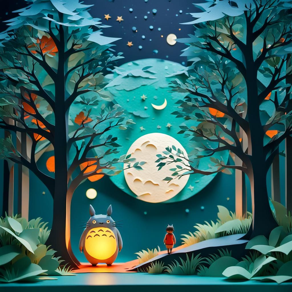 Totoro and Boy Under Tree: Papercraft Art