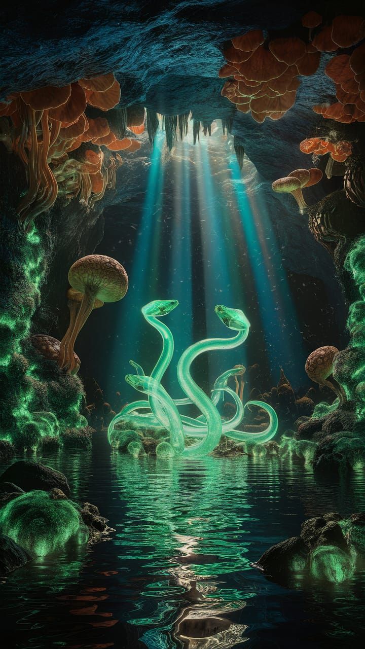 Bioluminescent Alien Cave Grotto with Neon Snakes