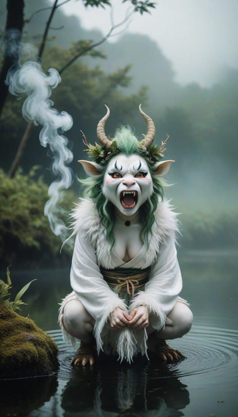 Miniature Dryad Goddess Weeps on a Midnight Forest Lake