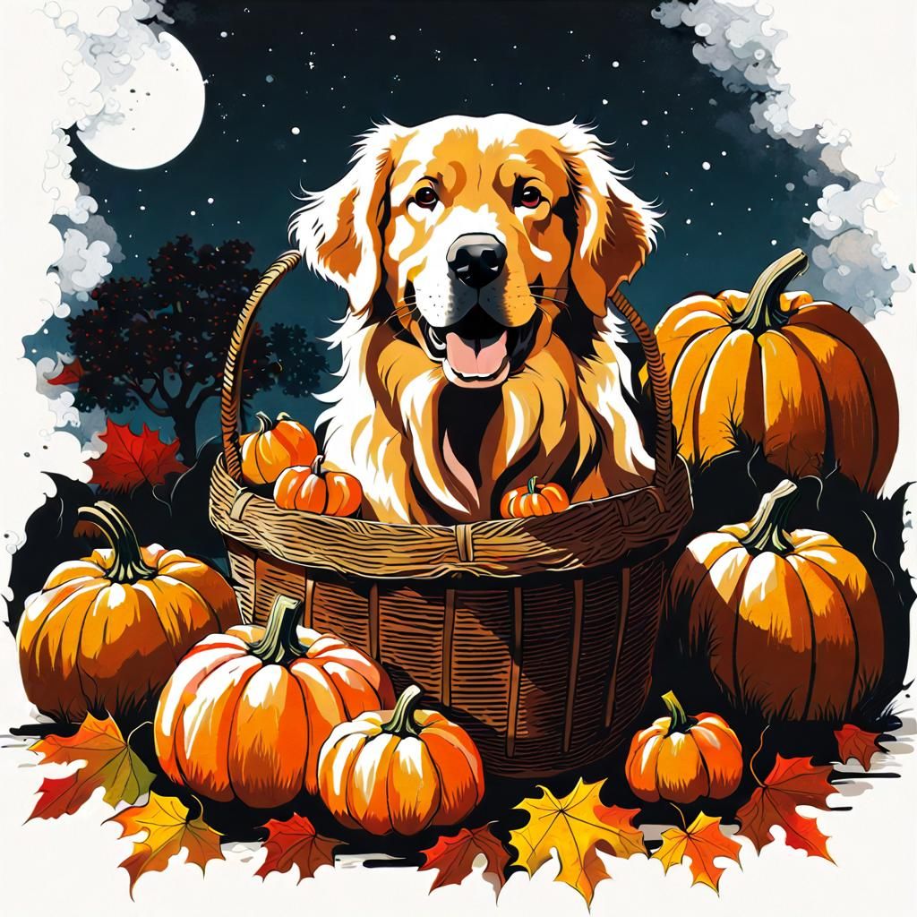 Golden Retriever with Pumpkins: Manhwa Illustration