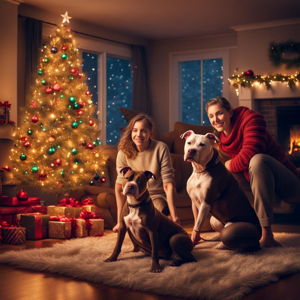 Festive Family Christmas with Pit Bulls: Digital Painting