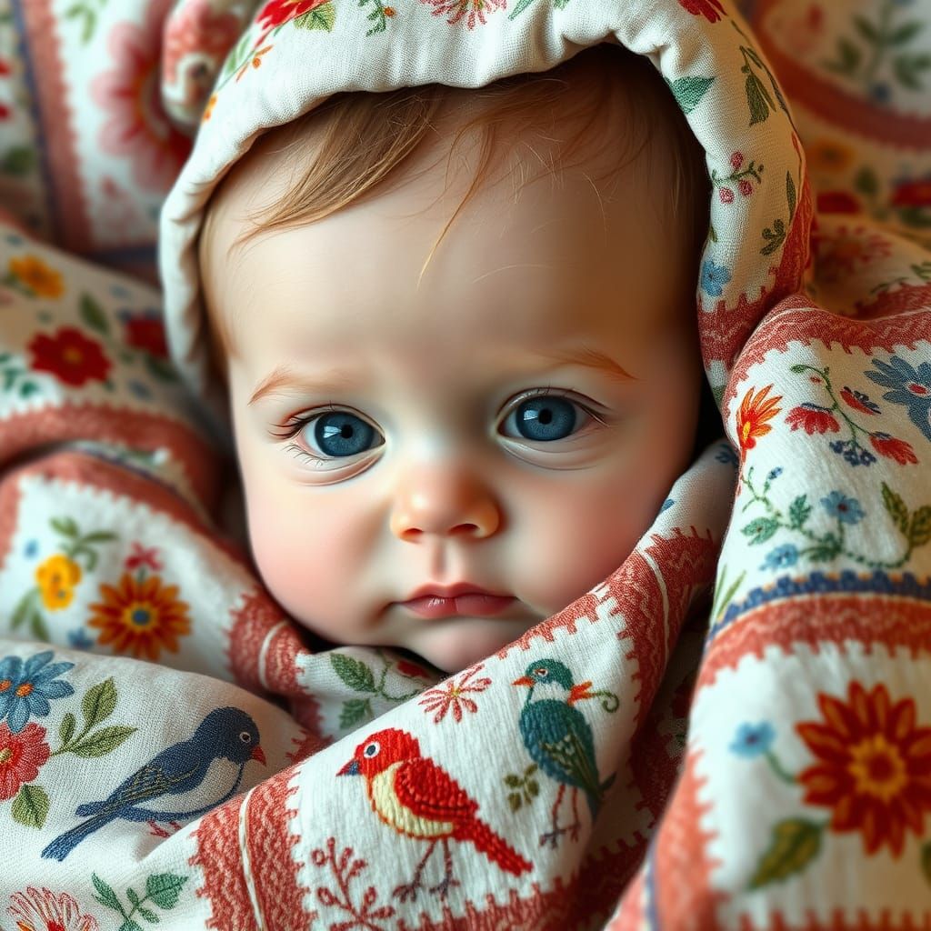 Serene Child in Whimsical Quilt with Floral Patterns