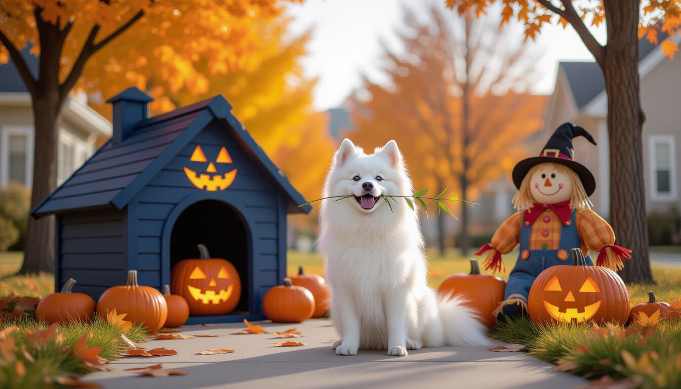 Fluffy Dog in Festive Halloween Scene