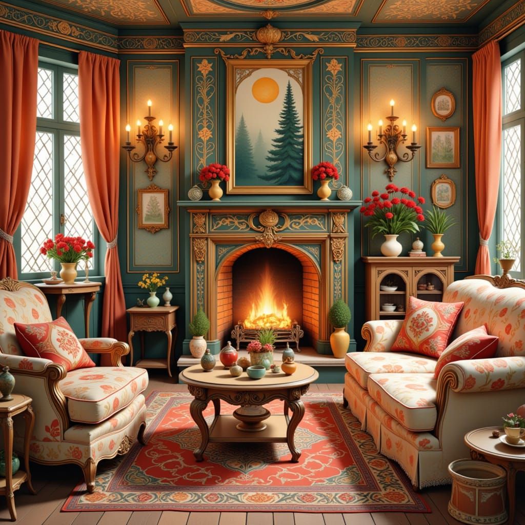 Folk Art Nouveau Christmas Scene with Whimsical Patterns and...