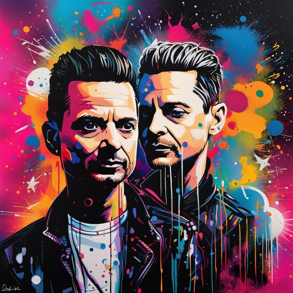 Depeche Mode's Dave Gahan and Martin in space graffiti art, splash art, street art, spray paint, oil gouache melting, ac...