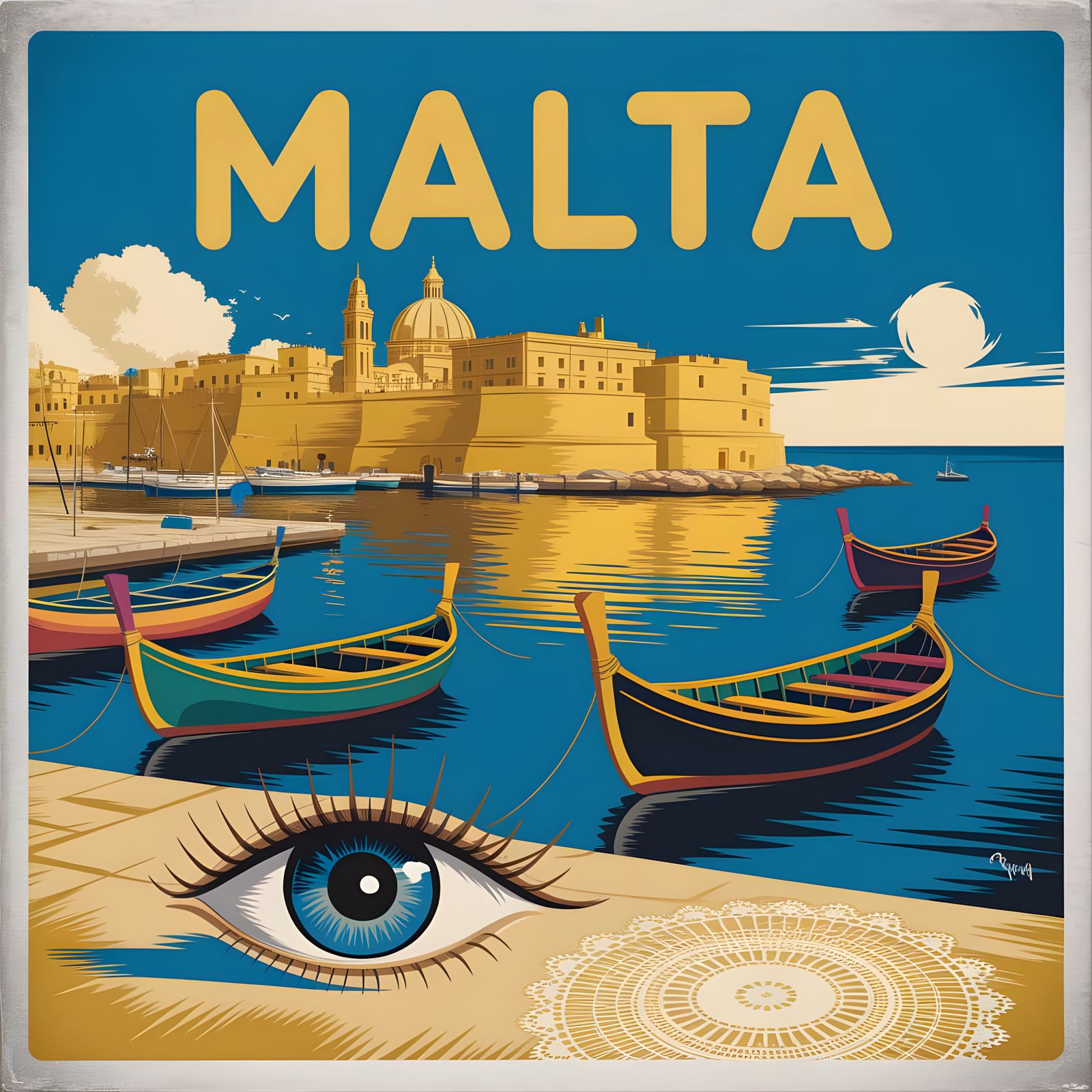 Vintage Malta Travel Poster with Luzzu Boats