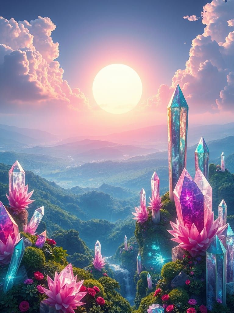 Surreal Crystal Garden in Neon-Lit Paradise