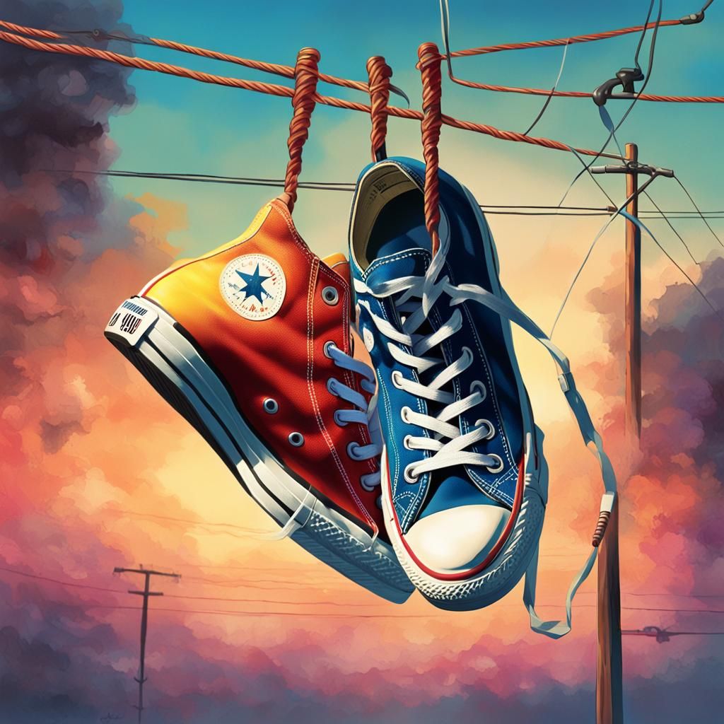 Hyperrealistic Sneakers and Phone on Power Line