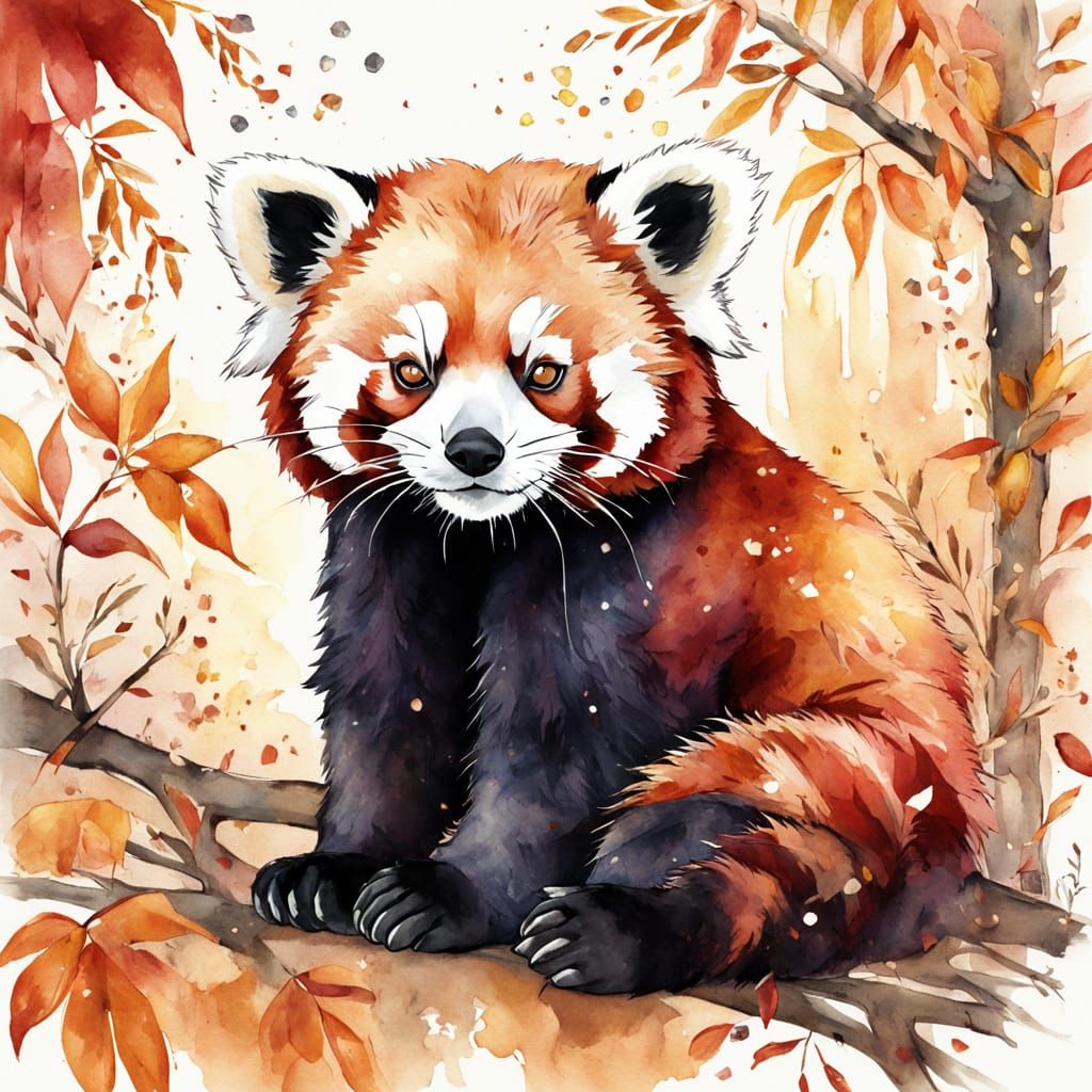 Charming Red Panda Tumbles in Autumn Leaves, Watercolor Sket...