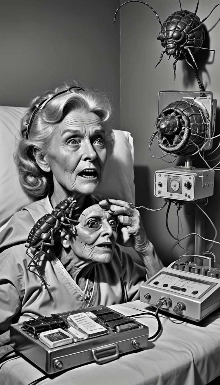 Retro Sci-Fi Nurse Portrait with Wasp Nest