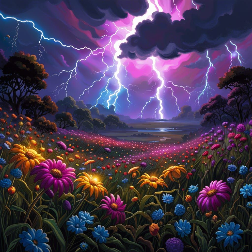 Electric Robotic Flowers Lit by Lightning