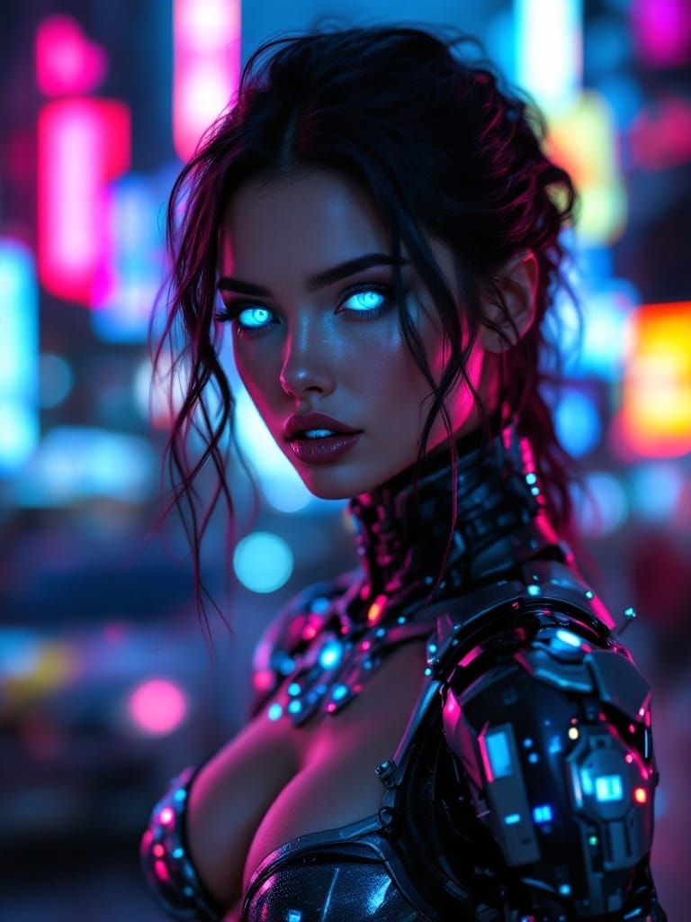 Cyberpunk Goddess in Neon Exosuit