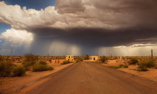 Desert Town Under Golden Hour Thunderstorm