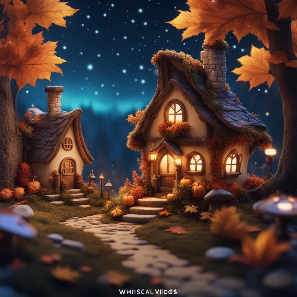 Enchanting Fairy Village in Autumn Midnight