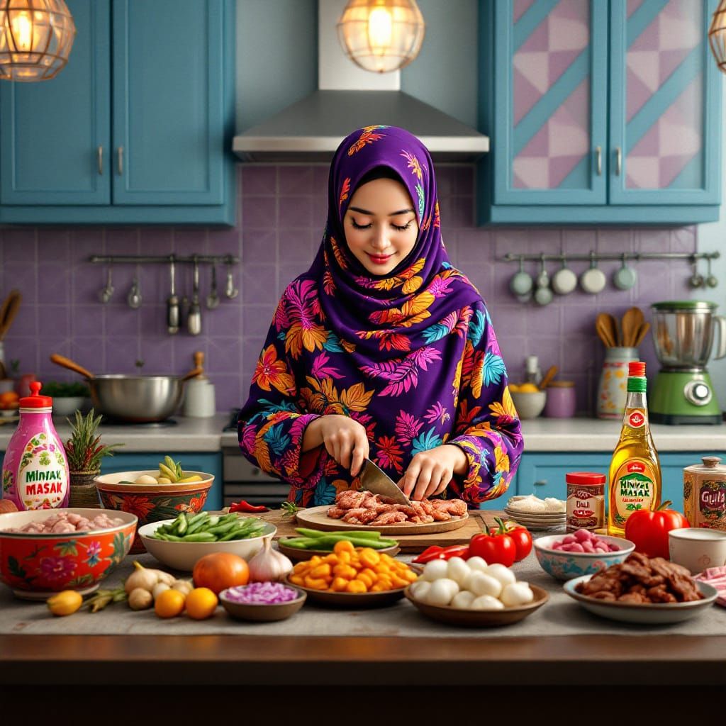 Serene Woman Prepares Meal in Retro Kitchen