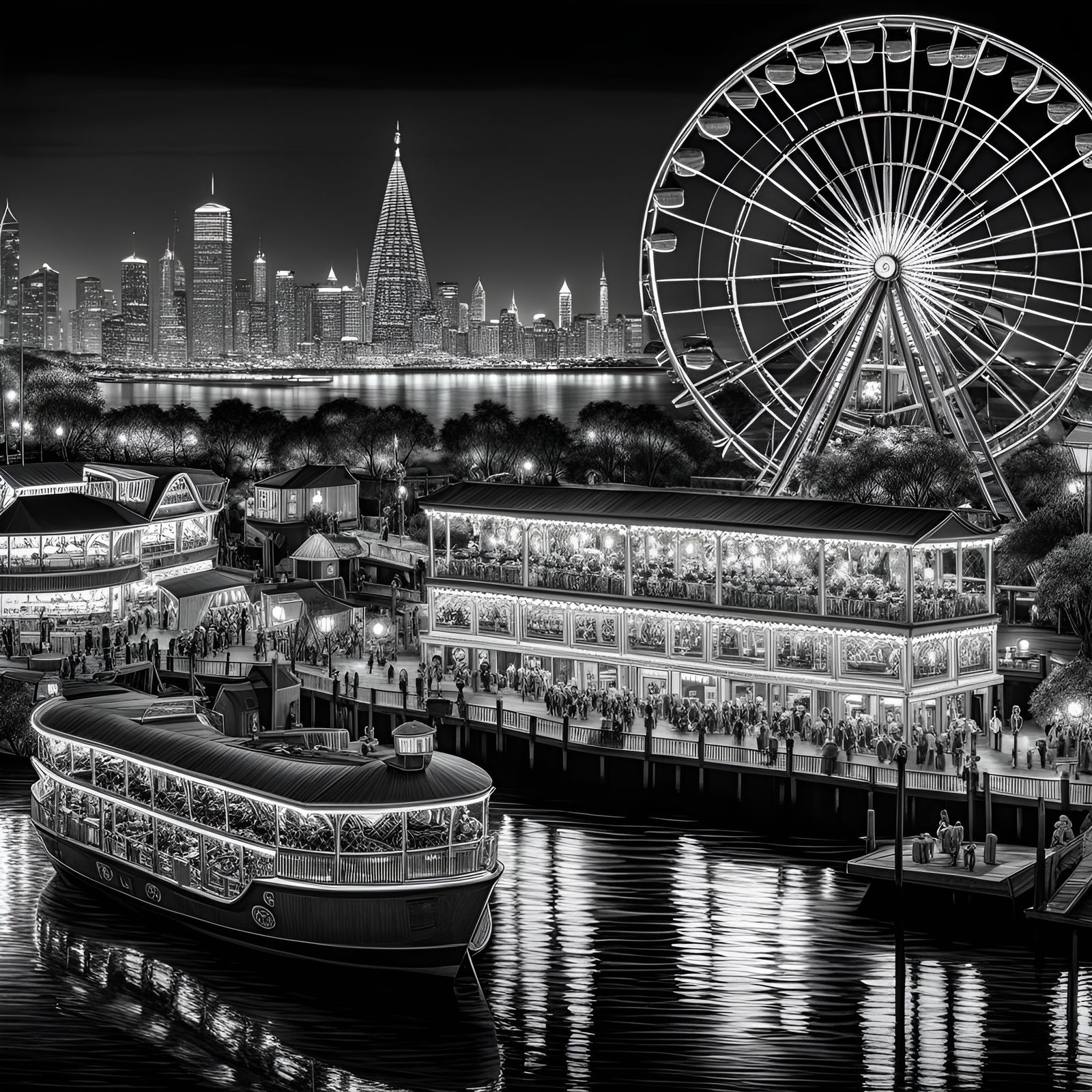 Night Carnival Waterfront in Grayscale Illustration