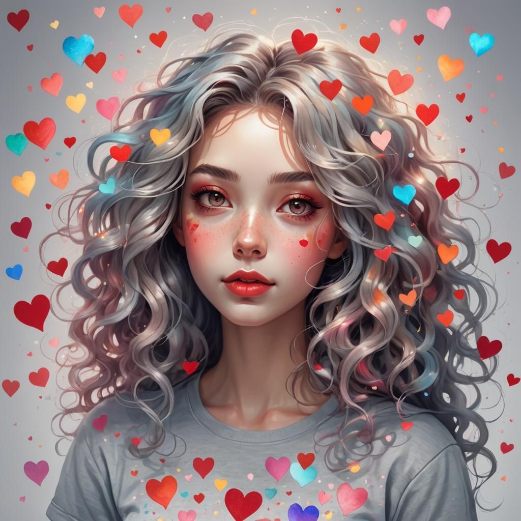 A girl with voluminous, wavy colorful hair adorned with floa...