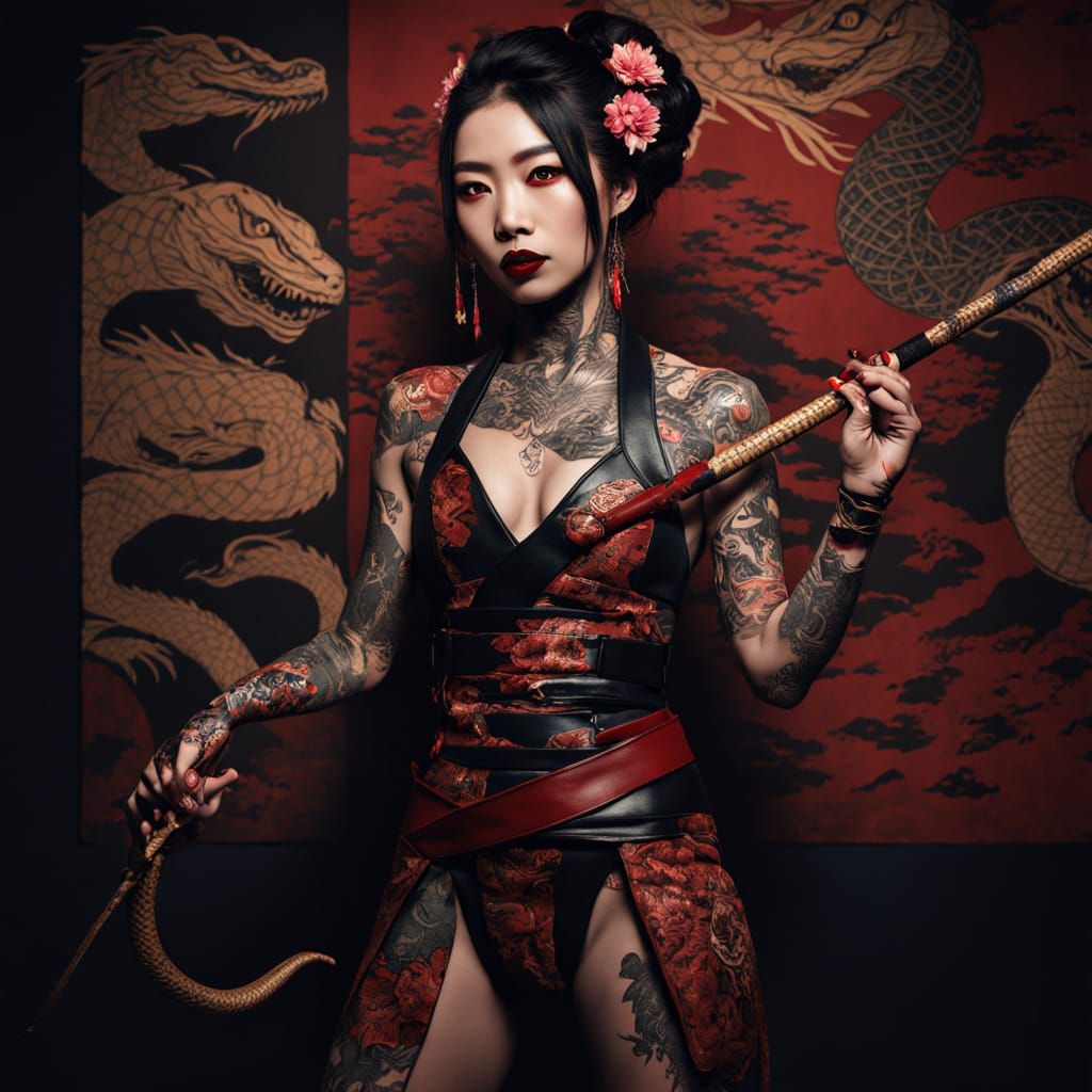 Japanese Beauty with Yakuza Tattoos in Dark Fantasy Portrait