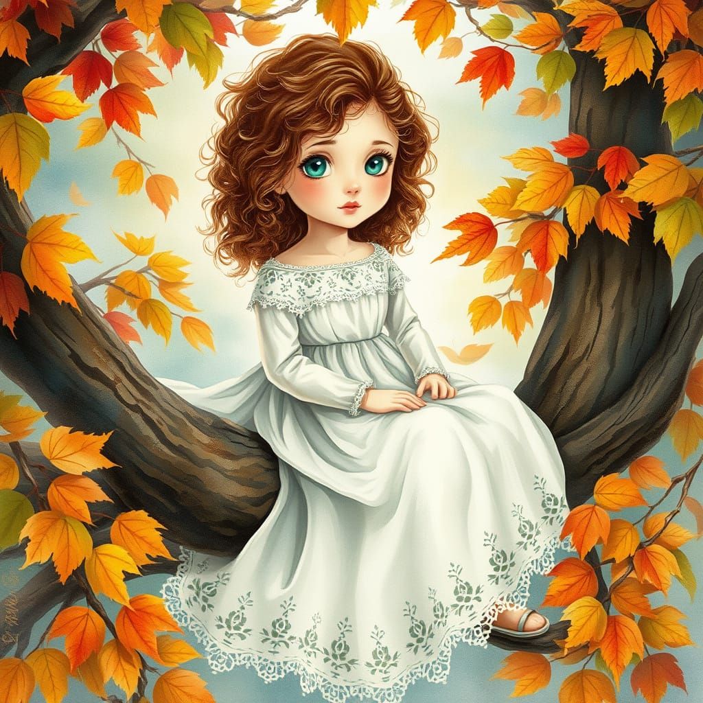 Whimsical Autumn Girl on a Tree Branch