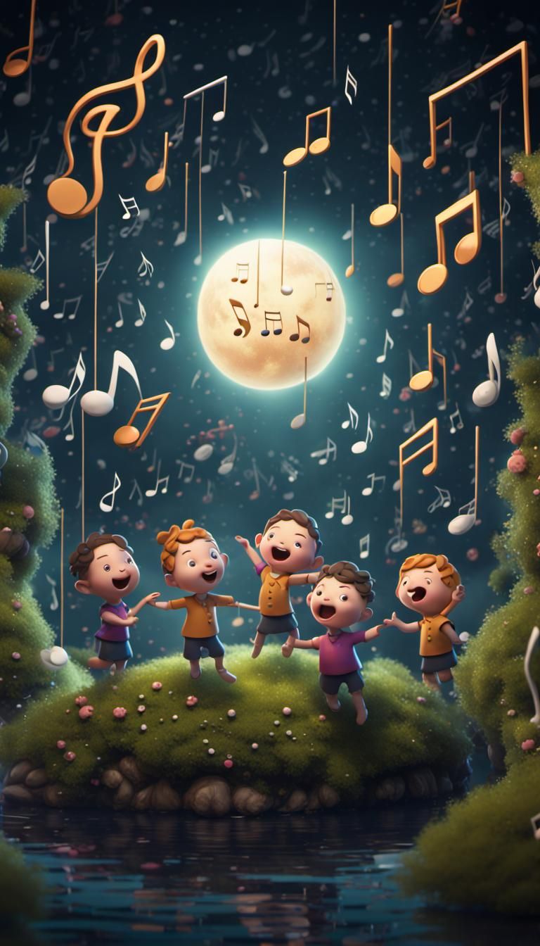 Happy Children Singing Nursery Rhymes in Detailed Matte Pain...