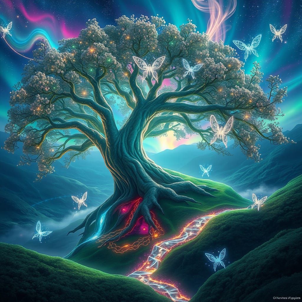 Ethereal Tree of Dreams in Vibrant, Celestial Landscape