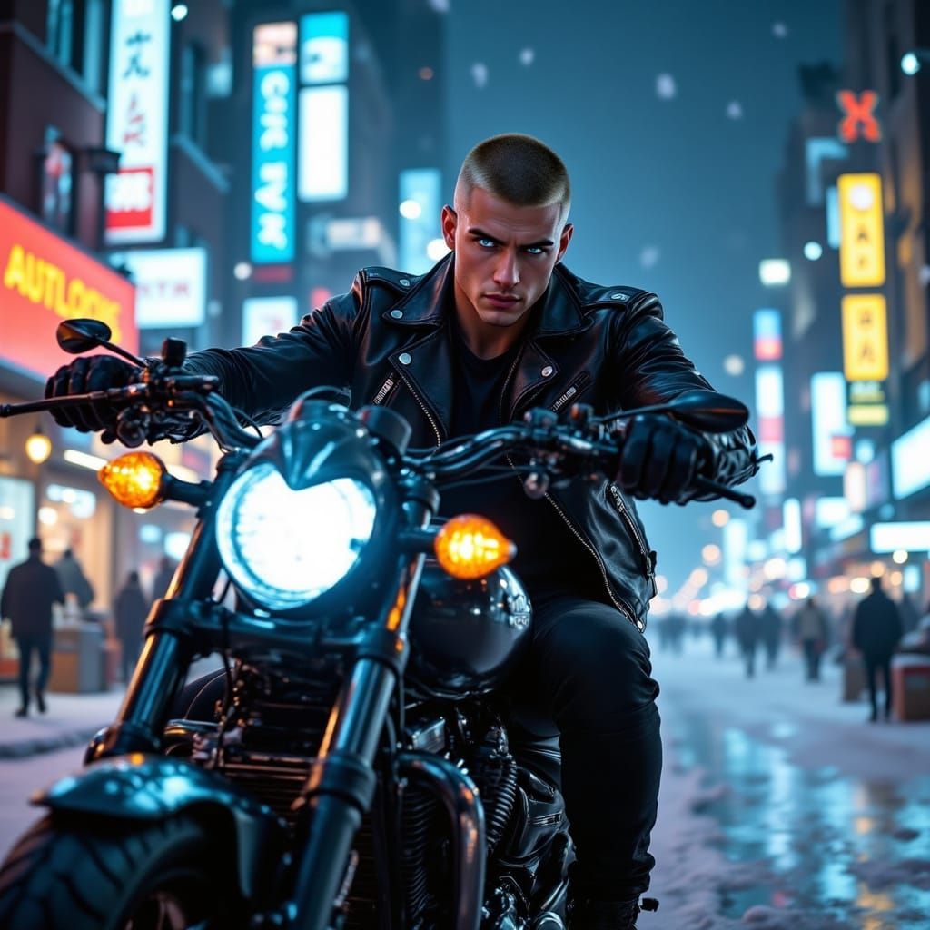 Futuristic Biker in Neon Cityscape, Hyperrealistic Comic Sty...