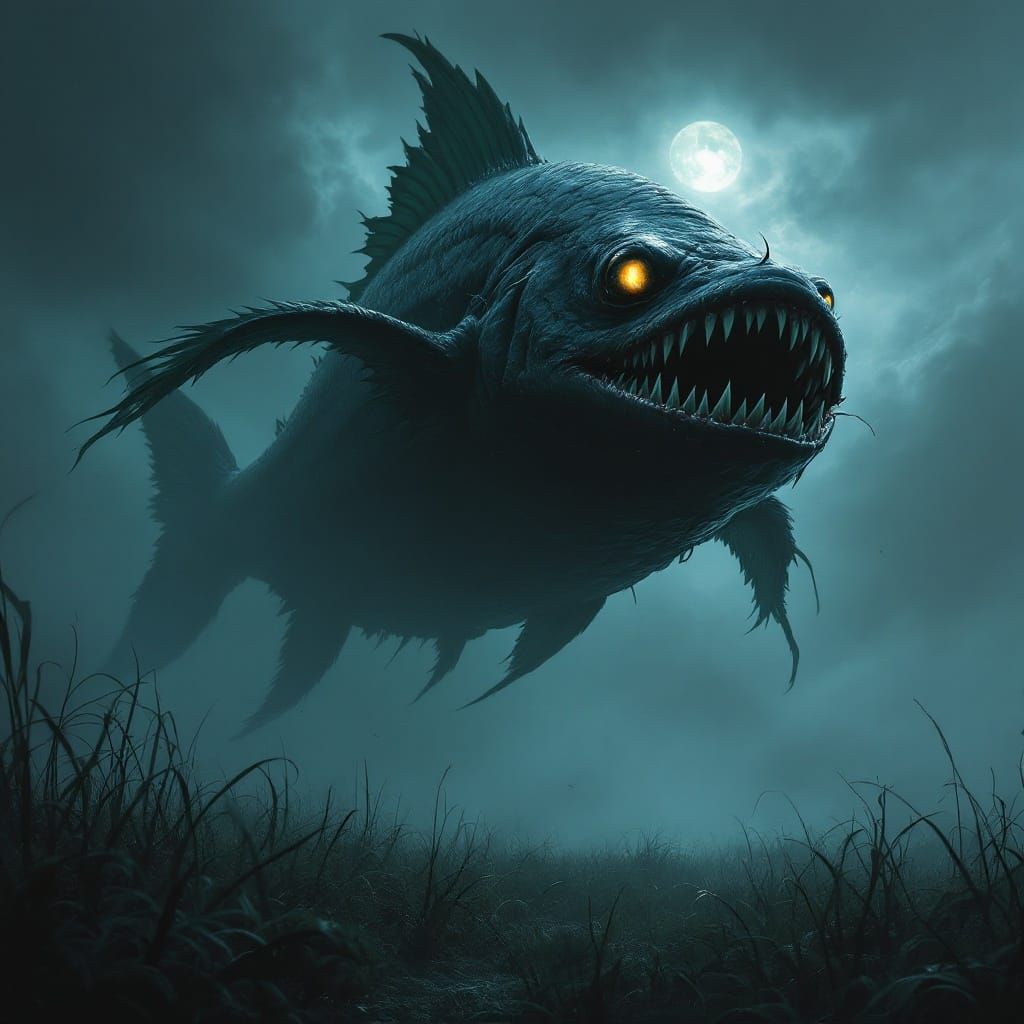Monstrous Black Arowana-Piranha Hybrid Lurks in Dark Fantasy...