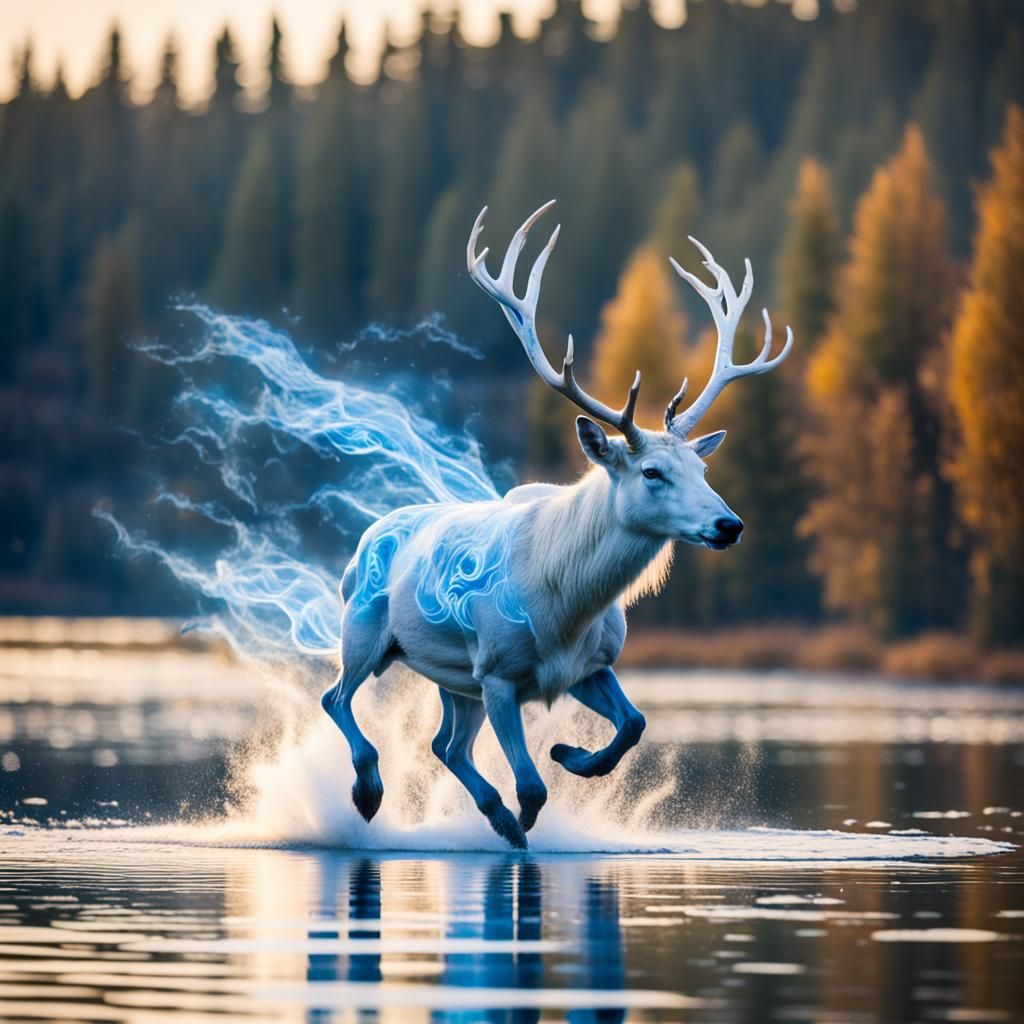 Ethereal White Stag Patronus Runs Across Lake