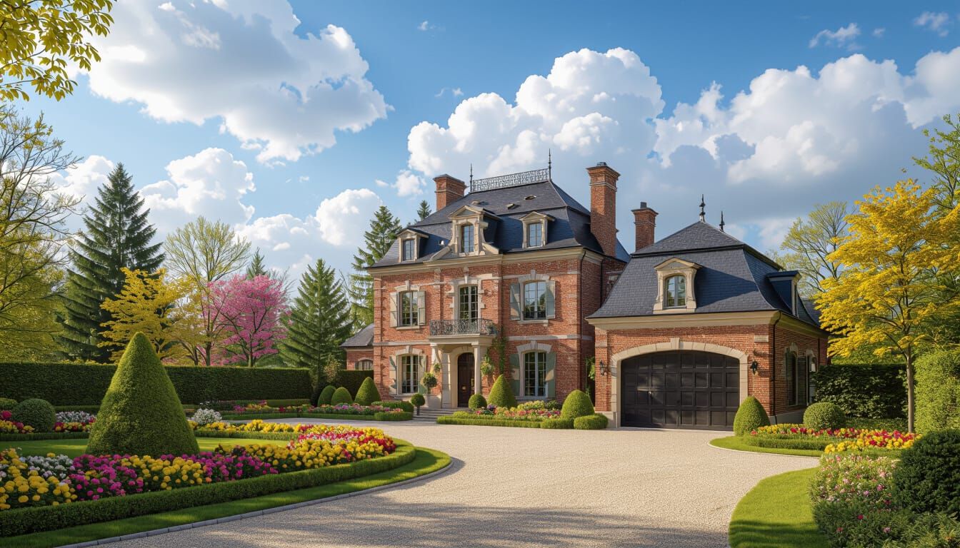 Elegant Brick Chateau with Vibrant Garden