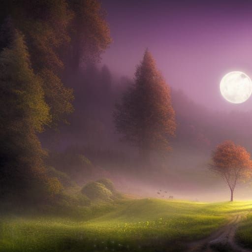 Foggy Moonlit Garden Landscape: Detailed Matte Painting