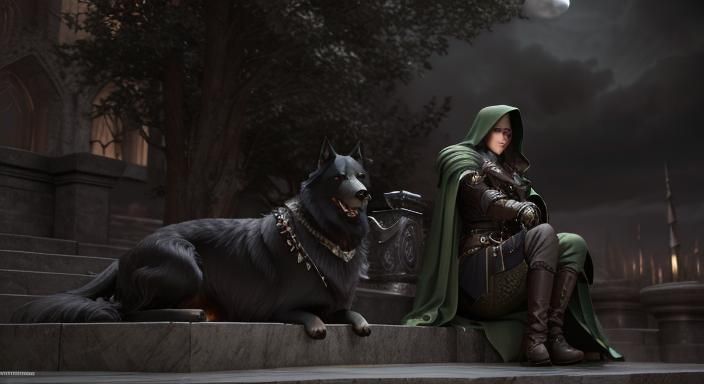 Woman with Dog and Sword in Dark Fantasy Style