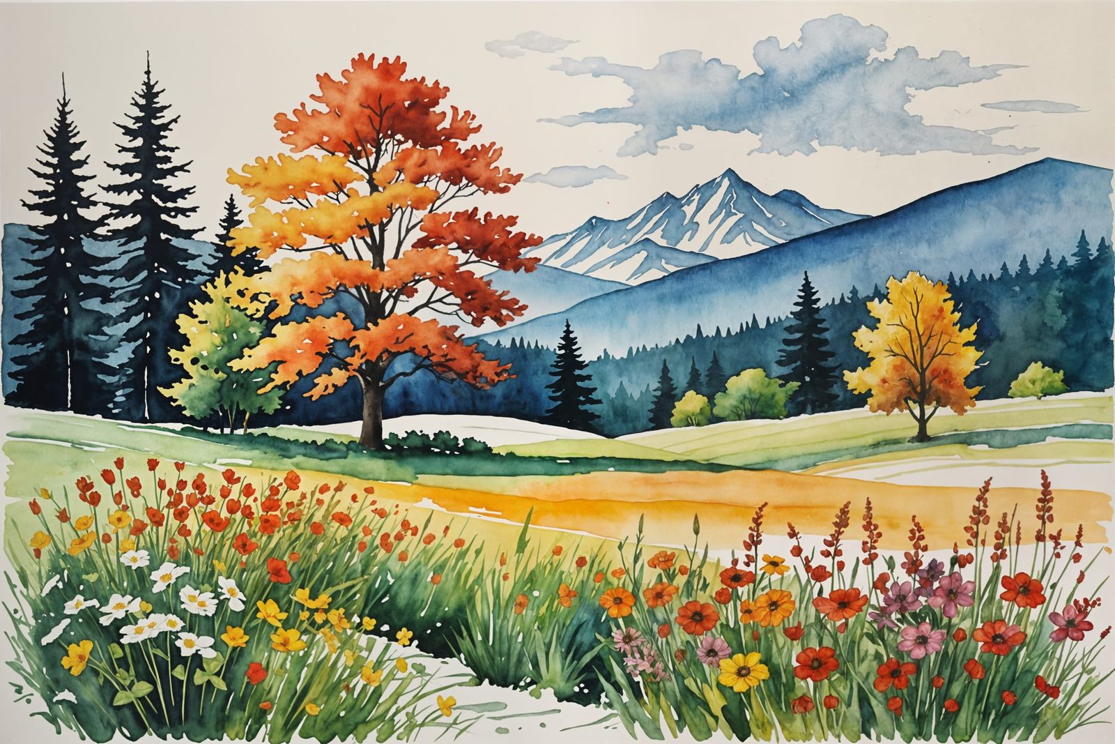 Four Seasons Landscape in Abstract Watercolor