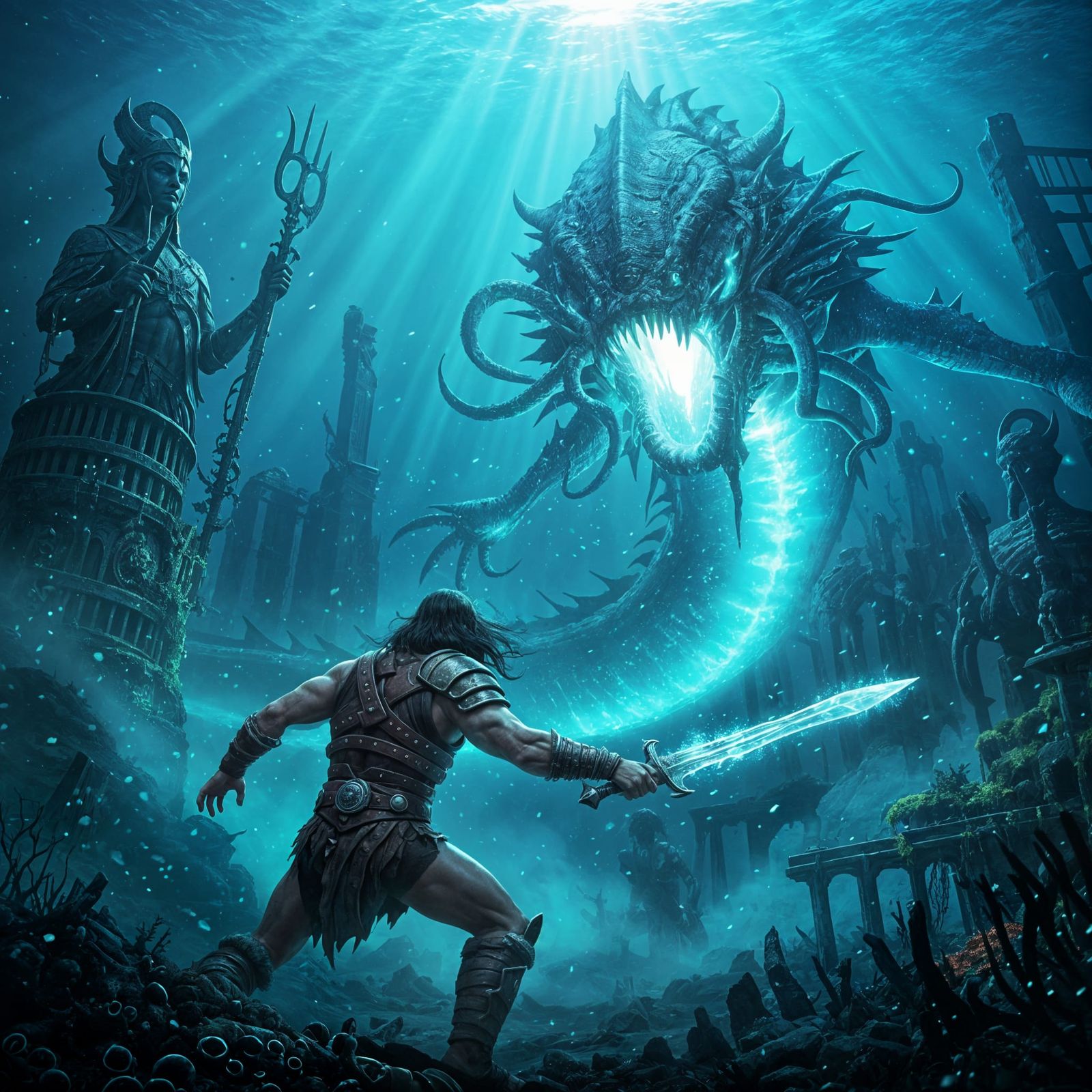 Conan Battles Bioluminescent Leviathan in Sunken City