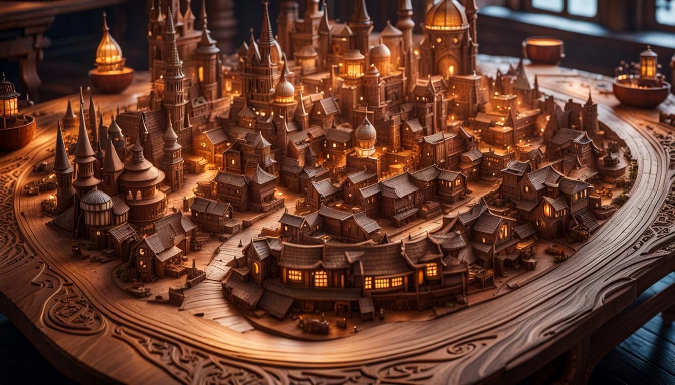 Detailed 3D Wood Carving Map of Fantasy City