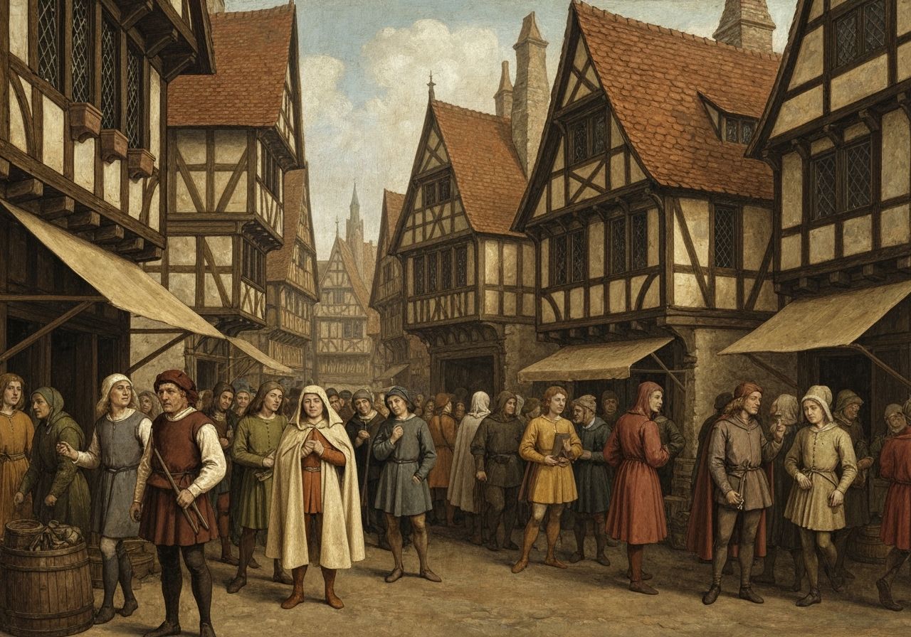 Bustling Medieval Marketplace in Detailed Atmospheric Lighti...