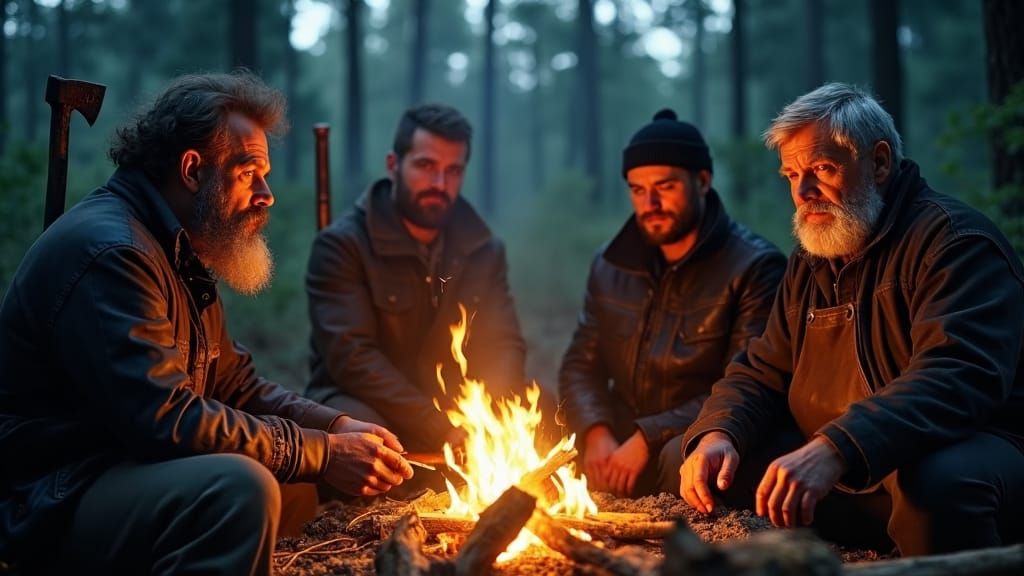 Men Around a Campfire in a Misty Forest