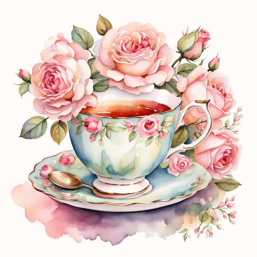 Vintage Teacup with Pink Roses Watercolour