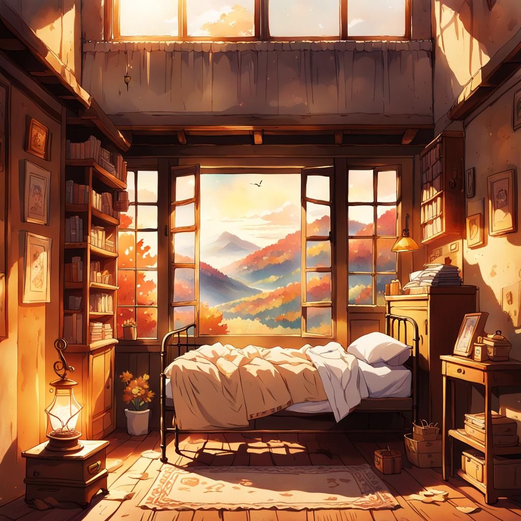 Cozy Anime Room with Autumn View in Watercolor Style