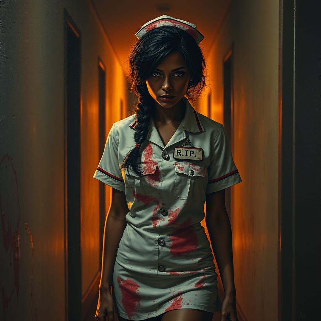 Horror Nurse in Dimly Lit Hospital Hallway